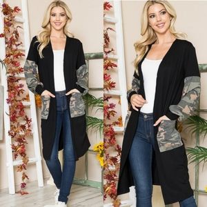 Black Camo Sleeve Open Cardigan